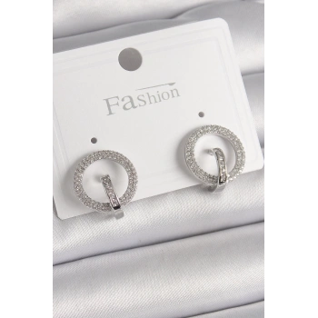 Mey İthalat® Pirinç Gümüş Renk Zirkon Taşlı Halka Model Kadın Küpe