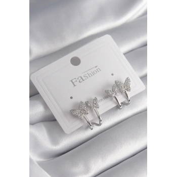 Mey İthalat® Pirinç Gümüş Renk Zirkon Taşlı Kelebek Model Kadın Küpe