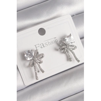 Mey İthalat® Pirinç Gümüş Renk Zirkon Taşlı Kurdele Model Kadın Küpe