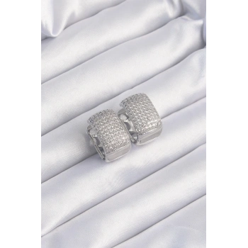 Mey İthalat® Pirinç Gümüş Renk Zirkon Taşlı Minimal Halka Küpe
