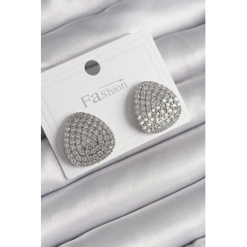 Mey İthalat® Pirinç Gümüş Renk Zirkon Taşlı Plaka Model Kadın Küpe