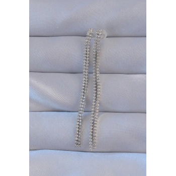 Mey İthalat® Pirinç Gümüş Renk Zirkon Taşlı Su Yolu Model Küpe