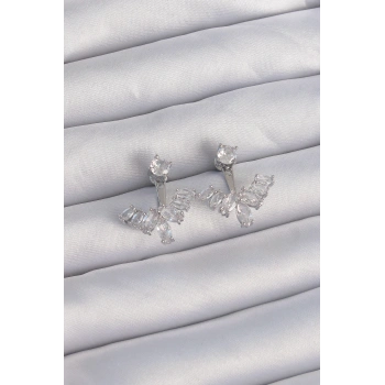 Mey İthalat® Pirinç Gümüş Renk Zirkon Taşlı V Model Küpe