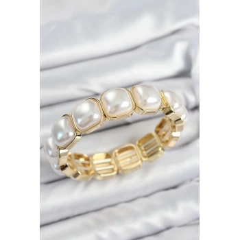 Mey İthalat® Pirinç Kare İnci Model Gold Renk Lastikli Kadın Bileklik
