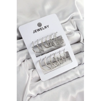 Mey İthalat® Pirinç Karışık Halka Model Gümüş Renk 6 Çift Kadın Küpe Set