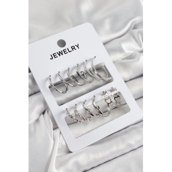 Mey İthalat® Pirinç Karışık Halka Model Gümüş Renk 6 Çift Kadın Küpe Set