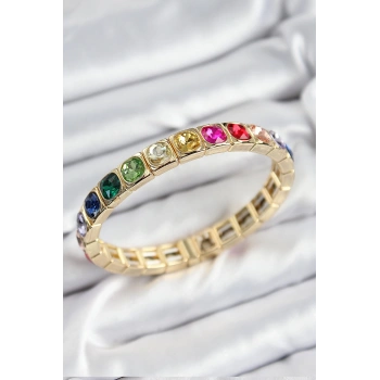 Mey İthalat® Pirinç Karışık Zirkon Taşlı Kare Model Gold Renk Lastikli Kadın Bileklik