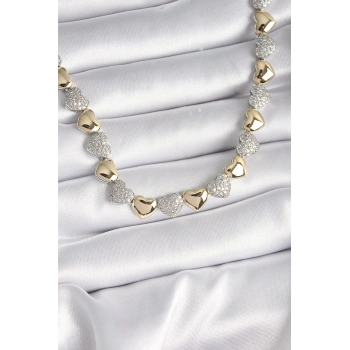 Mey İthalat® Pirinç Mix Renk Zirkon Taşlı Kalp Model VIP Exclusive Seri Kadın Kolye