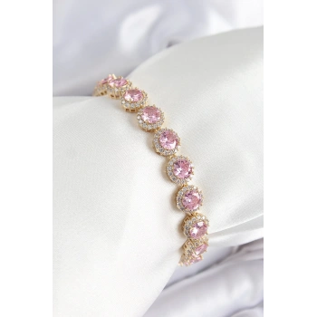 Mey İthalat® Pirinç Pembe Zirkon Taşlı Daire Baget Model Gold Renk VIP Seri Kadın Bileklik