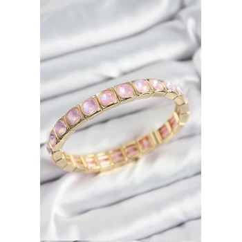 Mey İthalat® Pirinç Pembe Zirkon Taşlı Kare Model Gold Renk Lastikli Kadın Bileklik