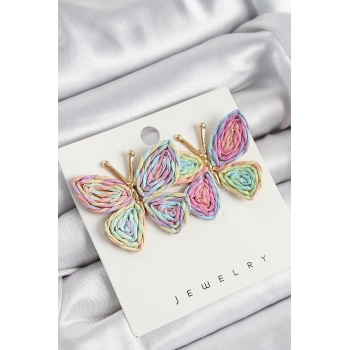 Mey İthalat® Pirinç Rainbow Kelebek Model Gold Renk Kadın Hasır Küpe