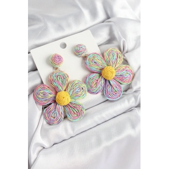 Mey İthalat® Pirinç Rainbow Papatya Model Gold Renk Kadın Hasır Küpe