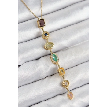 Mey İthalat® Pirinç Renkli Zirkon Taşlı Model Gold Renk 7 Element Kadın Y Kolye