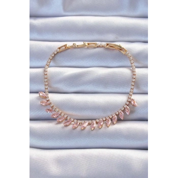 Mey İthalat® Pirinç Vip Seri Altın Renk Pembe Zirkon Taşlı Bileklik