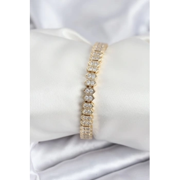 Mey İthalat® Pirinç VIP Seri Gold Renk Zirkon Taşlı Kadın Bileklik
