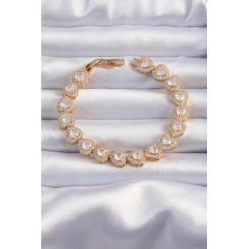 Mey İthalat® Pirinç Vip Seri Gold Renk Zirkon Taşlı Kalp Model Bileklik