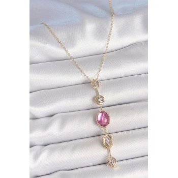 Mey İthalat® Pirinç Zincir Gold Renk Pembe Zirkon Taşlı Y Kolye