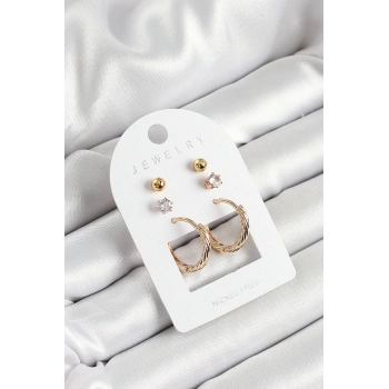Mey İthalat® Pirinç Zirkon Taş Ve Halka Figürlü Gold Renk 3lü Çift Kadın Küpe Set