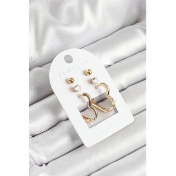 Mey İthalat® Pirinç Zirkon Taş Ve Kalp Figürlü Gold Renk 3lü Çift Kadın Küpe Set