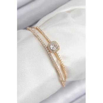 Mey İthalat® Pirinç Zirkon Taşlı Baget Model Gold Renk Kadın Bileklik