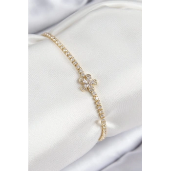 Mey İthalat® Pirinç Zirkon Taşlı Çiçek Model Gold Renk Kadın Bileklik