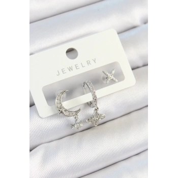 Mey İthalat® Pirinç Zirkon Taşlı Çiçek Ve Ay Model Gümüş Renk 3lü Çift Kadın Küpe Set