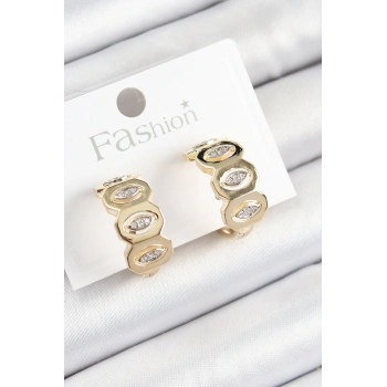 Mey İthalat® Pirinç Zirkon Taşlı Damla Figürlü Halka Model Gold Renk Kadın Küpe