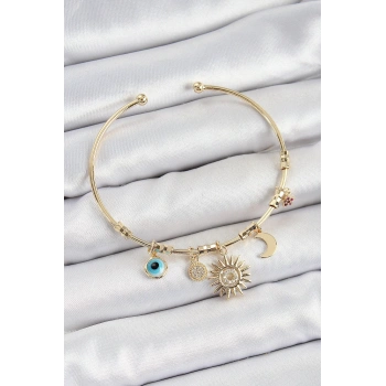 Mey İthalat® Pirinç Zirkon Taşlı Güneş Ay Nazar Model Gold Renk Charm Bileklik