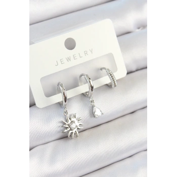 Mey İthalat® Pirinç Zirkon Taşlı Güneş Model Gümüş Renk 3lü Çift Kadın Küpe Set