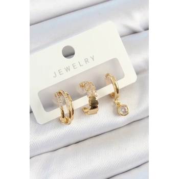 Mey İthalat® Pirinç Zirkon Taşlı Halka Model Gold Renk 3lü Çift Kadın Küpe Set