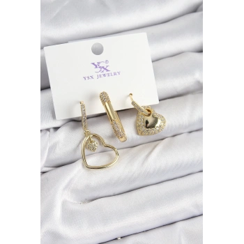 Mey İthalat® Pirinç Zİrkon Taşlı Kalp Model Gold Renk 3lü Kadın Küpe