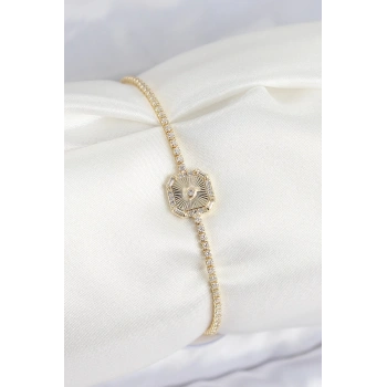 Mey İthalat® Pirinç Zirkon Taşlı Kare Model Gold Renk Kadın Bilekilk
