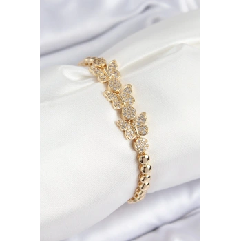 Mey İthalat® Pirinç Zirkon Taşlı Kelebek Model Gold Renk Kadın Bileklik