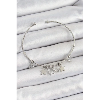 Mey İthalat® Pirinç Zirkon Taşlı Kelebek Ve Yıldız Model Gümüş Renk Charm Bileklik