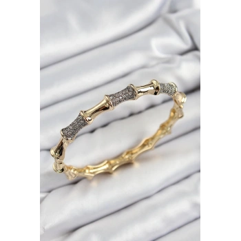 Mey İthalat® Pirinç Zirkon Taşlı Kemik Model Gold Renk Vip Kadın Bileklik