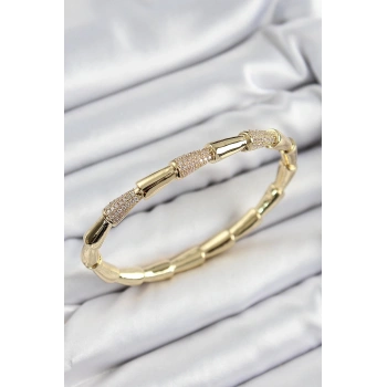 Mey İthalat® Pirinç Zirkon Taşlı Kemik Model Gold Renk Vip Kadın Bileklik