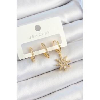 Mey İthalat® Pirinç Zirkon Taşlı Kutup Yıldızı Model Gold Renk 3lü Çift Kadın Küpe Set