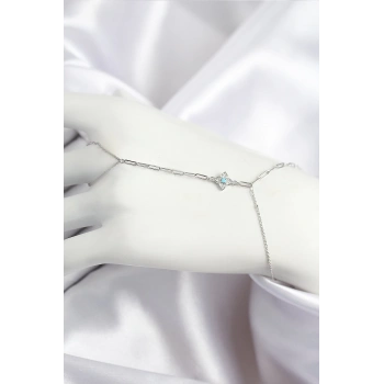 Mey İthalat® Pirinç Zirkon Taşlı Mavi Boncuklu Yonca Model Gümüş Renk Şahmeran