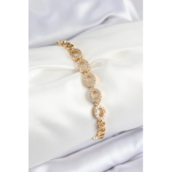 Mey İthalat® Pirinç Zirkon Taşlı Oval Model Gold Renk Kadın Bileklik