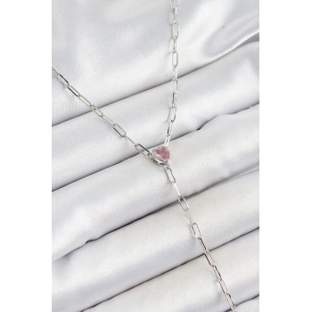 Mey İthalat® Pirinç Zirkon Taşlı Pembe Kalp Figürlü Y Model Gümüş Renk Kadın Kolye