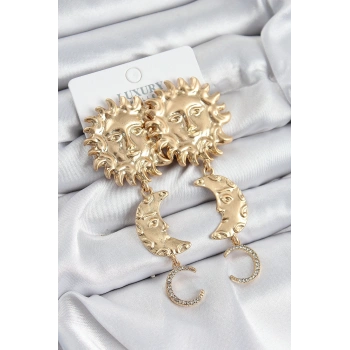 Mey İthalat® Pirinç Zirkon Taşlı Sallantılı Güneş Model Gold Renk Kadın Küpe