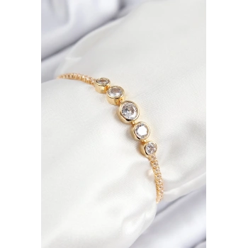 Mey İthalat® Pirinç Zirkon Taşlı Sıralı Daire Model Gold Renk Asansörlü Kadın Bileklik
