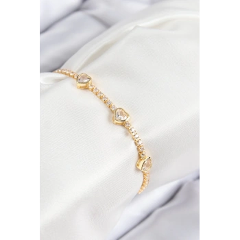 Mey İthalat® Pirinç Zirkon Taşlı Sıralı Kalp Model Gold Renk Kadın Bileklik