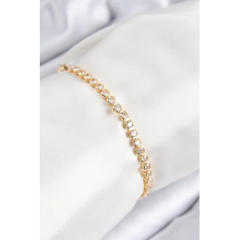 Mey İthalat® Pirinç Zirkon Taşlı Sıralı Model Gold Renk Asansörlü Kadın Bileklik