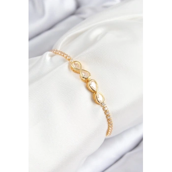 Mey İthalat® Pirinç Zirkon Taşlı Sonsuzluk Model Gold Renk Asansörlü Kadın Bileklik