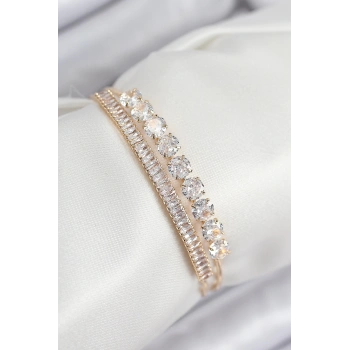 Mey İthalat® Pirinç Zirkon Taşlı Su Yolu Model Gold Renk Kadın Bileklik