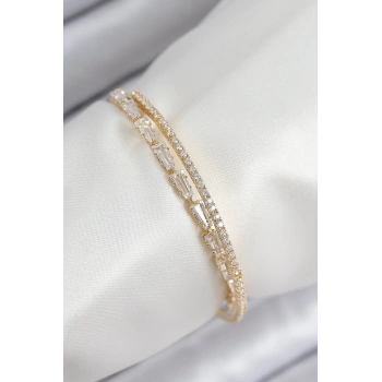 Mey İthalat® Pirinç Zirkon Taşlı Su Yolu Model Gold Renk Kadın Bileklik