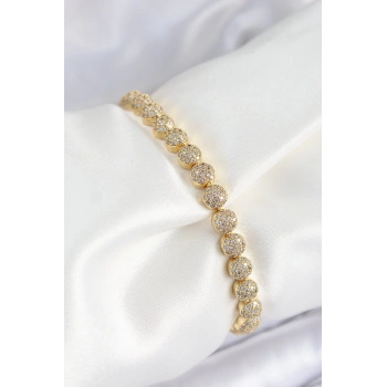 Mey İthalat® Pirinç Zirkon Taşlı Yarım Topcuk Model Gold Renk VIP Seri Kadın Bileklik