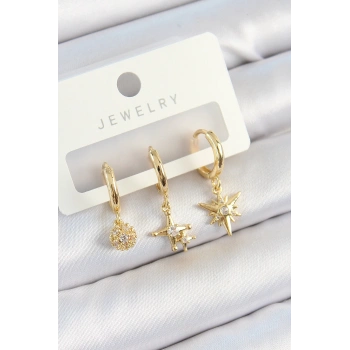 Mey İthalat® Pirinç Zirkon Taşlı Yıldız Model Gold Renk 3lü Çift Kadın Küpe Set