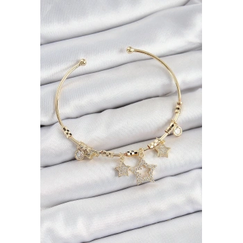 Mey İthalat® Pirinç Zirkon Taşlı Yıldız Model Gold Renk Charm Bileklik